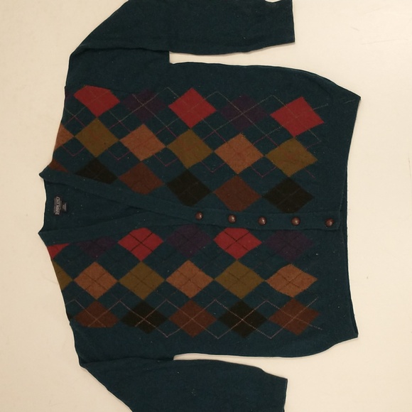 Irish Argyle Cardigan Lambswool Wool Sweater Made Ireland 54